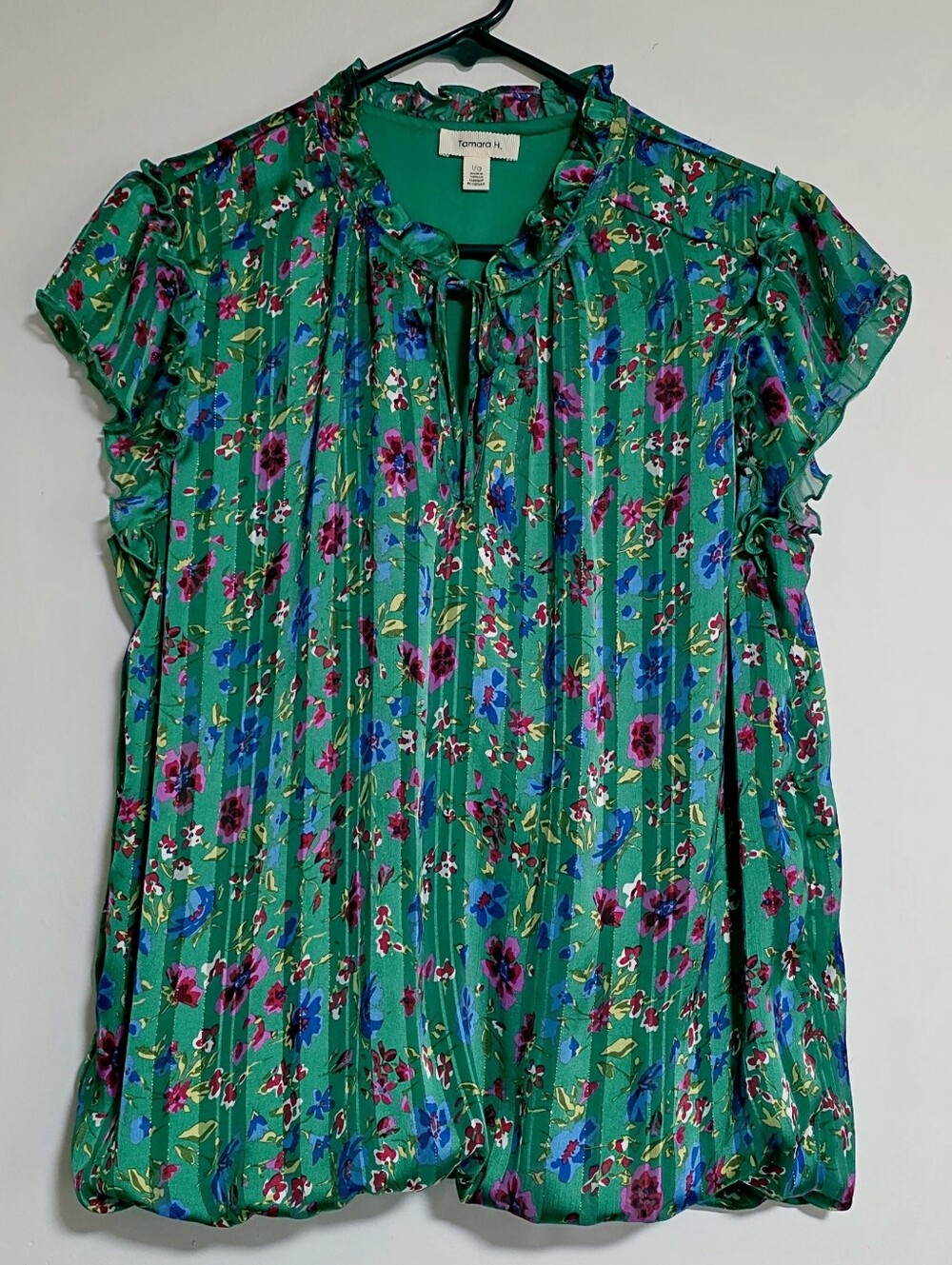 Tamara H Floral Pleated Ruffle Neck Flutter Sleeve Blouse Bubble Hem Green Large